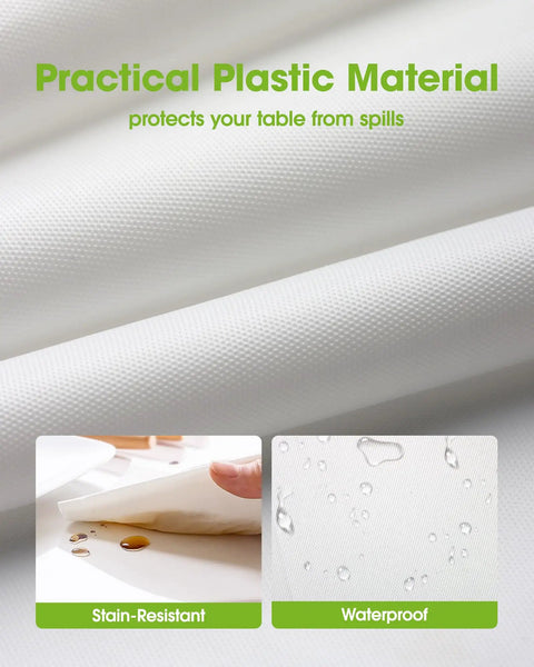 No Sweat Heavy Duty Disposable Tablecloths White 8 Pack 54 By 108 Inches waterproof PEVA material protects tables from spills.
