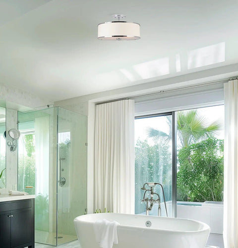 Chloe 15 Inch Modern Semi Flush Ceiling Light With White Fabric Drum Shade Three Light Fixture Featuring Tempered Glass Diffuser And Chrome Finish For Kitchen And Hallway Vibe in a bright bathroom setting.