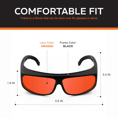 Heavy Duty Laser Safety Glasses With A Roomy Fitover Cut Giving Hella Wavelength Coverage Up To 532Nm And An OD 7 Plus Guard, side view with orange lens and black frame.