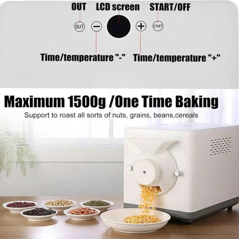 Premium Electric Coffee Roaster Machine Featuring 1500 Gram Drum Capacity And Smart Thermostat Controls, digital LCD screen, 1500g capacity.