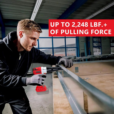 Man using Cordless Rivet Gun Tool For M18 18V Battery Systems on metal sheet, showcasing compact design and 2248 lbf pulling force.