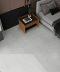 Bedroom view with Off White Marble Peel And Stick Vinyl Floor Tiles 12x12 Waterproof Self Adhesive 24 Pack White Flooring Sheets.
