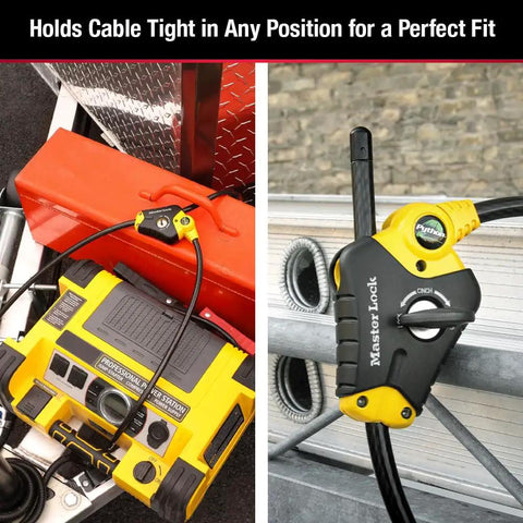 Python Cable Lock With Key, Heavy Duty Outdoor Lock securing gear on a rack, showing lock mechanism and braided cable.