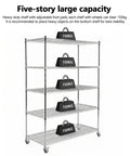 Rock Solid Heavy Duty Adjustable Five Tier Wire Shelving Rack With Smooth Rollin Casters And Hella Durable 331 Lb Weight Load Capacity For Garage Workspaces And Storage Areas showcasing five levels with weights.
