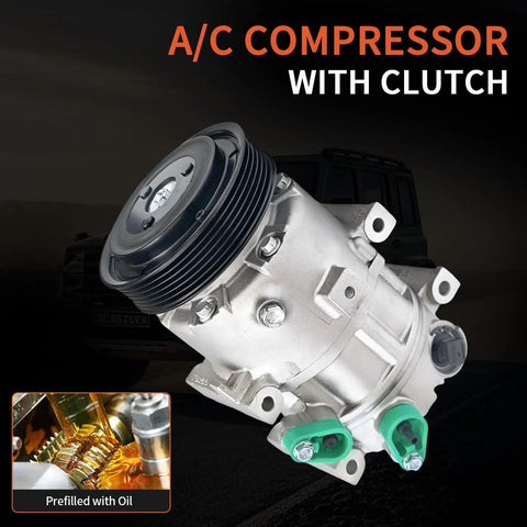 Premium Air Conditioner AC Compressor With Clutch for Hyundai Sonata and Kia Optima showing prefilled oil and six groove pulley.