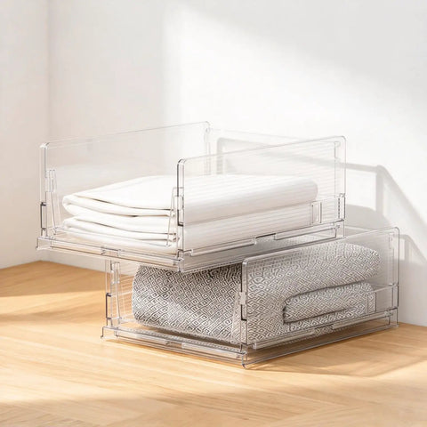 Xlarge Stackable Storage Bins 2 Pack Clear Crystal PET Baskets for Max Vertical Closet Space showcasing neatly folded towels.