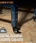 Two Inch Caster Wheels Set Of Four With 360 Degree Swivel And Dual Locking Brakes For Furniture Carts Trolleys And Toolboxes Heavy Duty 350 Lb Capacity PU Quiet Mobility Smooth Non Marring Rollers installed on blue metal furniture