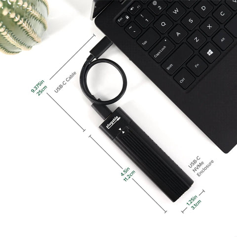 Top view of M.2 NVMe SSD Enclosure USB-C 10Gbps Rocket Fast Tool Free Driverless with dimensions connected to laptop