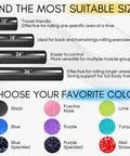 Size and color options for high density EPP foam back roller, including 36 inch in fuchsia rose for yoga and Pilates