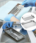 Stainless Steel Tool Organizer Trays Set With One Large Flat-Bottom Tray And Three Small Rust-Resistant Service Trays, shown with tools.