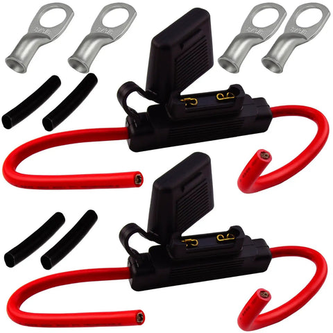 Two Pack Black 8 AWG Inline Fuse Holder With Waterproof Maxi Fuse Block And Premium UL Wire Lugs Copper Stud Rings for heavy duty use.