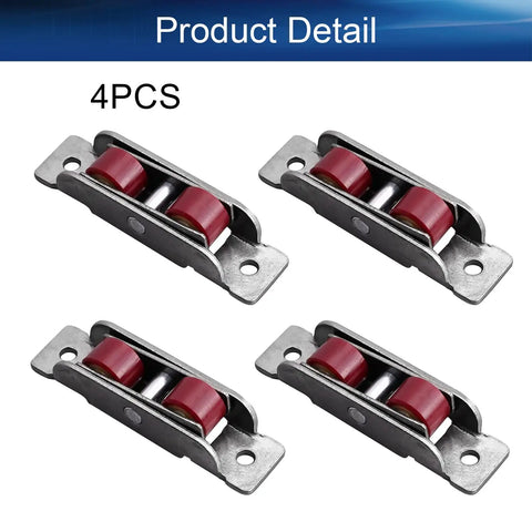 Straight Up Durable Nylon Sliding Door Pulley Wheels With Electroplated Stainless Steel Shell And Smooth Riding Track Rollers For Closet Window And Cabinet Replacement Parts Silver 4 Pack, showing 4 pulleys with red wheels.