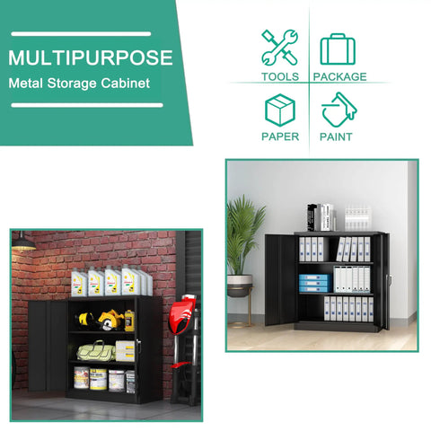 Heavy Duty Two Door Steel Locking Storage Cabinet With Adjustable Shelves Secure Garage Cupboard For Workshop Supplies And Daily Gear Lock Everything Up displaying tools and organized shelves.