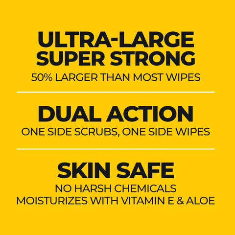 Heavy Duty Hand Cleaning Wipes For Hands And Surfaces info: ultra-large, dual action, skin safe with vitamin E and aloe