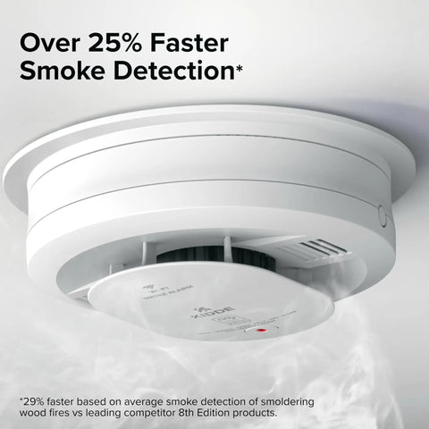 Kick Butt Protection Smart Smoke Detector Hardwired With Battery Backup Ring App Integration real-time alerts installed on ceiling.