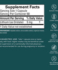 Supplement facts for Lithium Orotate Brain Boost Support Supplement 60 Capsules Gluten Free Low Dose 5 Mg Per Serving Ultra Pure Mineral