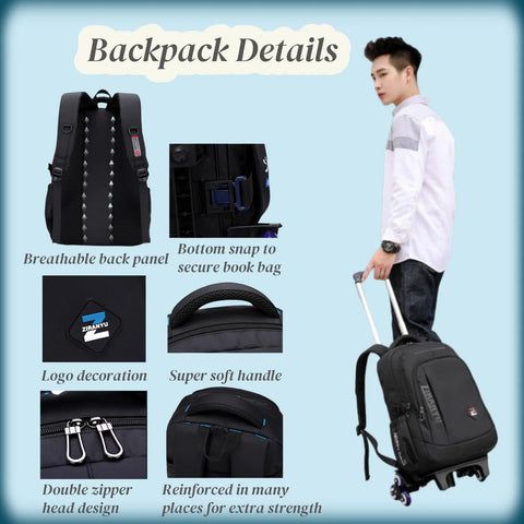 Black Kids Rolling Backpack For School With Six Wheels Durable Trolley Style Book Bag For Boys And Teens showing details and use