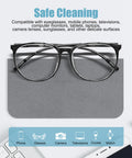 Eyeglasses resting on gray microfiber cloth from 10 Pack Microfiber Cleaning Cloths For Electronics, Camera Lenses, Eyeglasses, Phones And Laptops Safe Gentle Wipe Kit For Dust Smudges Fingerprints Oils Streak Free Screen Care 7.1x5.9 In