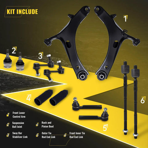 Built Tough 12 Pcs Front Suspension Kit For 2012 To 2016 Subaru Impreza 2.0L with control arms, ball joints, and tie rod components.