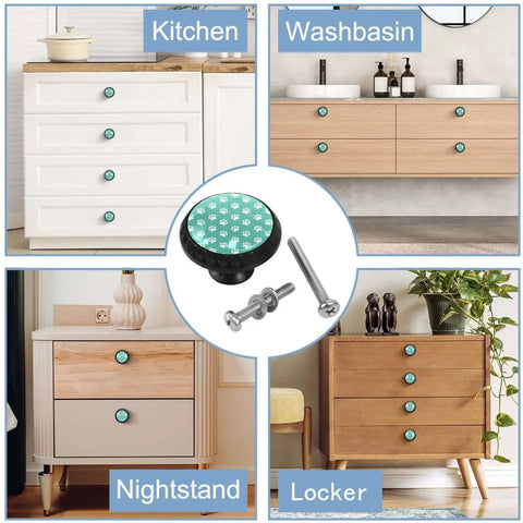 4 Pack Black Round Dog Paw Drawer Knobs With Screws For Cabinets, dressers, cupboards, and wardrobes shown in various settings