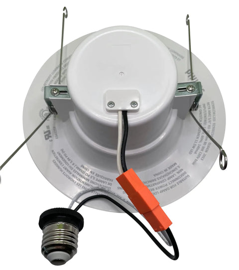 Bottom view of Flicker-Free 5 and 6 Inch LED Recessed Downlight Kit, Dimmable, 1000 Lumens, 5000K Daylight, 11.5W Equal 75W, E26 Base, wires visible