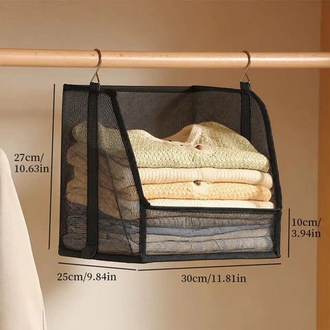 Hangable Closet Shelf Organizer With Soft Fabric Storage Bin to Safeguard Delicate Threads Tidy Dorm Rooms and Small Spaces, mesh design with folded clothes.