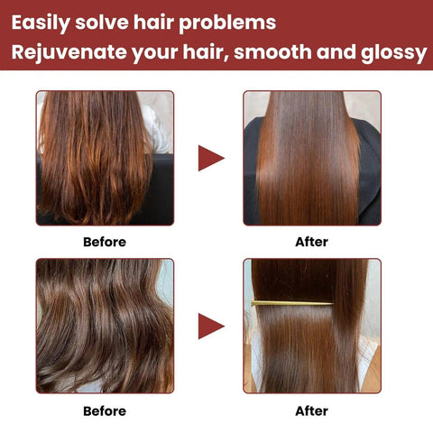 Before and after images showing hair transformation from frizzy to smooth and glossy after treatment.