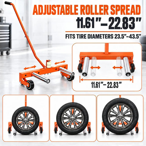 Rock Solid Heavy Duty Steel Tire Dolly With 500 Pound Load Capacity For Trucks And Cars No Fuss Garage Workshop Essential Adjustable Rolling Wheel Hauler with adjustable roller spread.