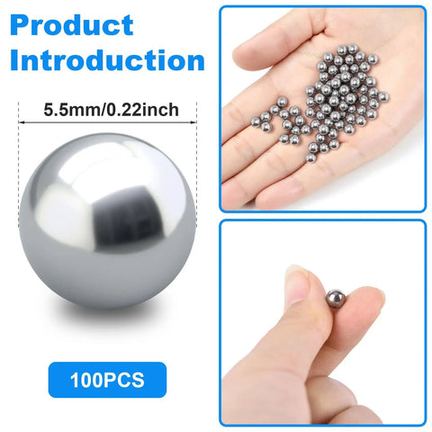 100 Pack Heavy Duty 316 Stainless Steel Mixing Balls 5MM Slick Round Bearings For Paint And Nail Polish Shakers with a hand full of balls.