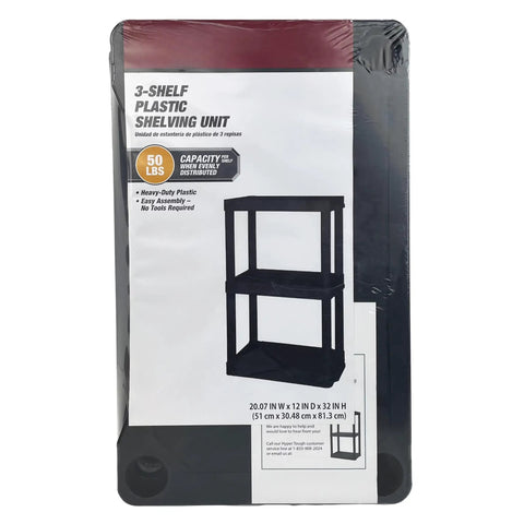Rock Solid Black 3 Tier Plastic Storage Shelving Unit Badass Heavy Duty Free Standing Rack Supporting 50 Lbs Per Tier with assembly details.