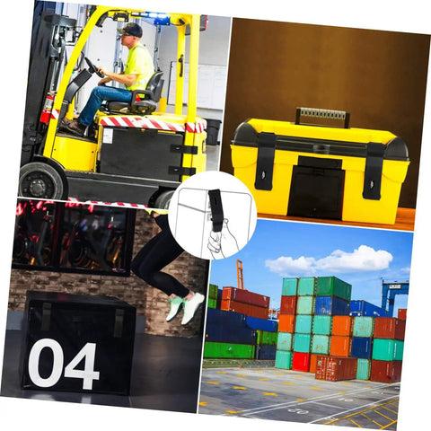 Collage including forklift, yellow toolbox with Flexible Draw Latch Lock For Electrical Cabinets And Industrial Use Rubber Over Center.