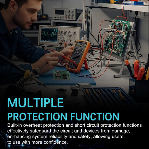 Technician testing circuit with oscilloscope and Compact MP1584EN DC-DC Buck Converter Module Adjustable Power Supply