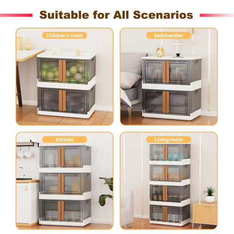 Stackable Storage Bins With Lids And Wheels Foldable 8.5 Gallon Totes in kitchen, bedroom, living room, and children's room.