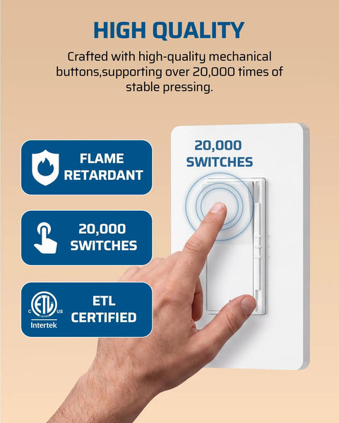 No Sweat Single Pole Three Way Slide Dimmer Light Switch With No Neutral Required For Smooth Led Cfl And Halogen Bulbs Dependable House Wall Control Box with finger pressing the button.
