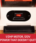 Power switch of Eight Inch Bench Grinder With Integrated Led Work Lights And Built In Coolant Tray Powered By One Half Hp Motor Delivering Three Thousand Four Hundred Fifty Rpm.