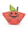 24 Piece Halloween Magnetic Building Tiles For Kids To Build A Mini Haunted House Featuring Spooky Neon Blocks Portable Travel Case showing a mini pumpkin structure.