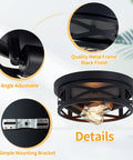 Two Pack Black Flush Mount Ceiling Light Fixture Dope Industrial Farmhouse Metal Cage Ceiling Fixture For Kitchen Entryway Hallway With E26 Base Ten Point Six Three Inch features details of black finish, angle adjustability, and mounting bracket.