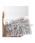 Hand holding open box of Aluminum Alloy Rivets Kit 240 Pcs Dome Head Blind Rivets Fasteners Set For Furniture Automotive DIY Projects
