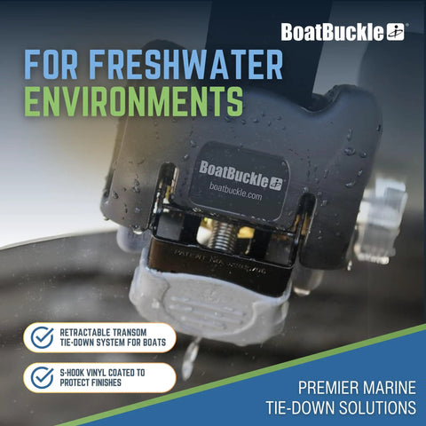Close-up of Transom Boat Tie Down Straps for Trailer with Bolt On Retractable Ratchet, marine hardware visible.