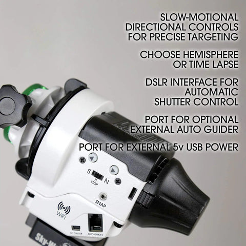 Close-up of Motorized Night Sky Tracker For DSLR Cameras On The Go Portable Astro Imaging Rig with interface and control ports.