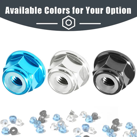Heavy Duty M3 Flange Lock Nuts With Nylon Insert For Killer Grip That Gonna Hold Tight On 1 12 RC Crawlers DIY Furniture Or Shop Builds In Clean Aluminum 12 Piece Set in blue, silver, and black colors.