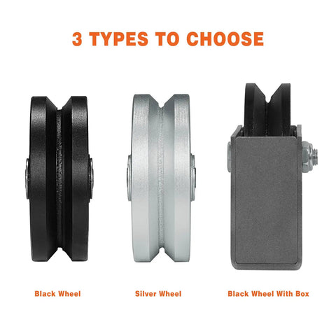Three types of sliding gate wheels: black, silver, and black box wheel for sliding gate systems.