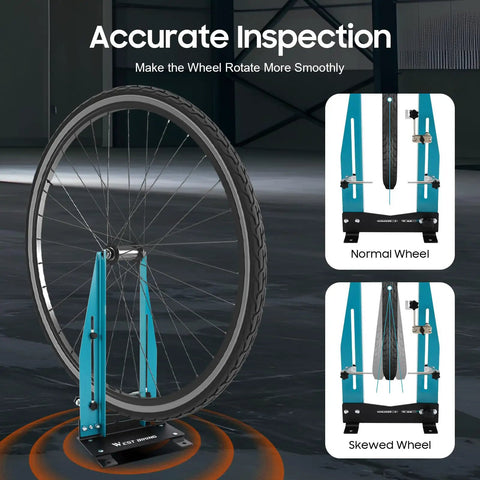 Adjustable Bike Wheel Alignment Stand Built From High Carbon Steel For 27.5 To 29 Inch Wheels And 140 To 180mm Discs With A 3.5 To 5.9 Inch Clamp Beast MTB And Road Bike Truing Tool For Home Garages showing wheel truing demonstration.