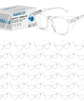 Heavy Duty 36 Pack ANSI Z87.1 Safety Glasses Featuring Side Shields And Anti Scratch Coating on a display with clear lenses.