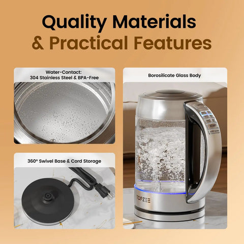 1.7L Glass Electric Kettle for Coffee and Tea With 6 Temperature Presets, showing clear view gauge and stainless finish.