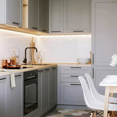 Modern kitchen with gray cabinets featuring 30 Pack 5 Inch Matte Black Cabinet Pulls Square Stainless Steel Drawer Handles