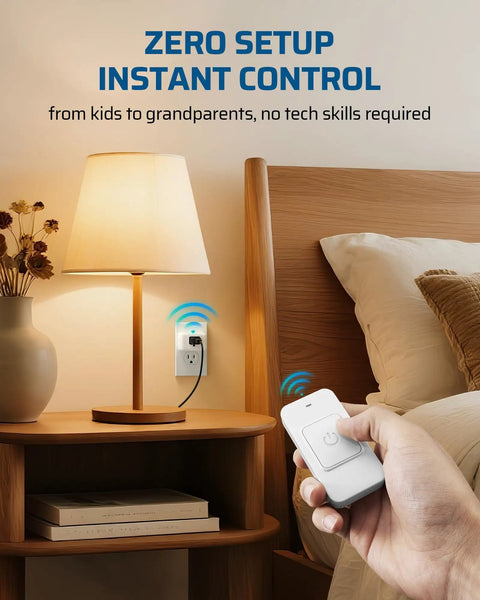 Indoor Wireless Remote Outlet With Big One Touch Button Easy On Off Control For Lamps beside bed showing hands-free operation.