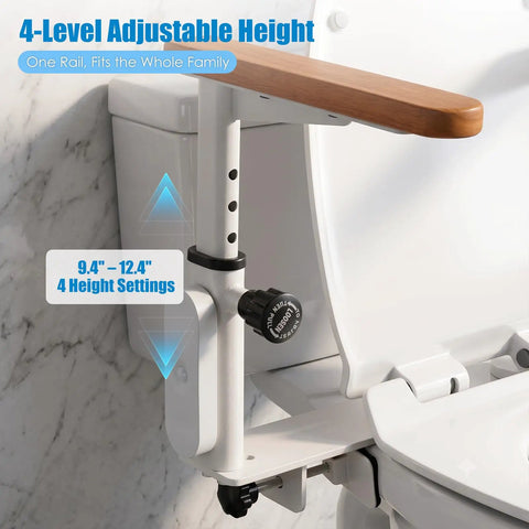 Top Shelf Heavy Duty Adjustable Toilet Safety Rails Built Tough With Rock Solid Steel Frame For Seniors Recovering From Surgery showing 4-level adjustable height feature.