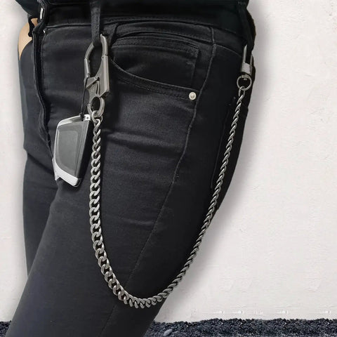 Beefy Wallet Chain For Men With Lockable Carabiner And Tungsten Steel Car Window Breaker attached to black jeans pocket