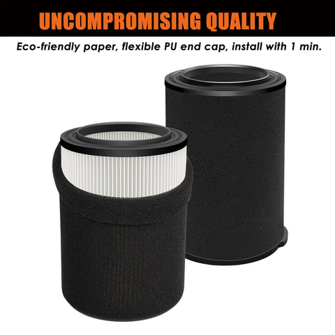 Replacement Vacuum Filter Set For Rigid 5 To 20 Gallon And Husky 6 To 9 Gallon Shop Vacs With Extra Foam Sleeves Two Pack Heavy Duty Wet Dry Vacuum Filters That Fit WD06000 WD06200 WD06350 WD08000 WD09350 WD09450 WD09500, showing two black filters with text about quality.